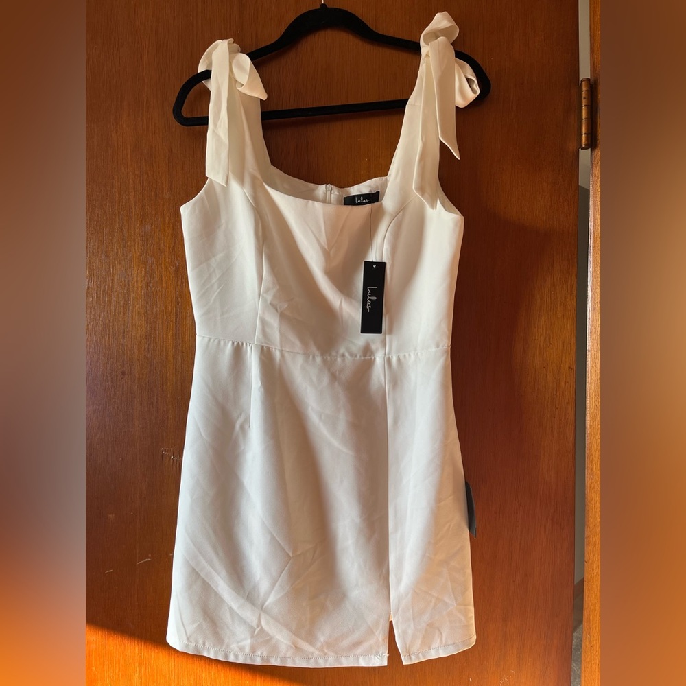 Lulus Womens Ivory Tie Straps Mini Dress Square Neck Medium Fitted READ FLAW New